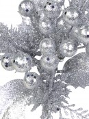 Silver Glittered Berry With Twigs & Leaves Christmas Floral Pick - 20cm