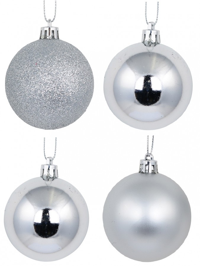 Silver Glittered, Matte & Metallic Christmas Bauble Decorations - 12 x 60mm