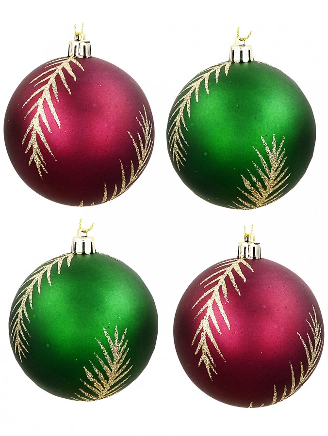 4x Burgundy & Emerald Satin Botanical Fir Whimsical Signature Baubles | 80mm
