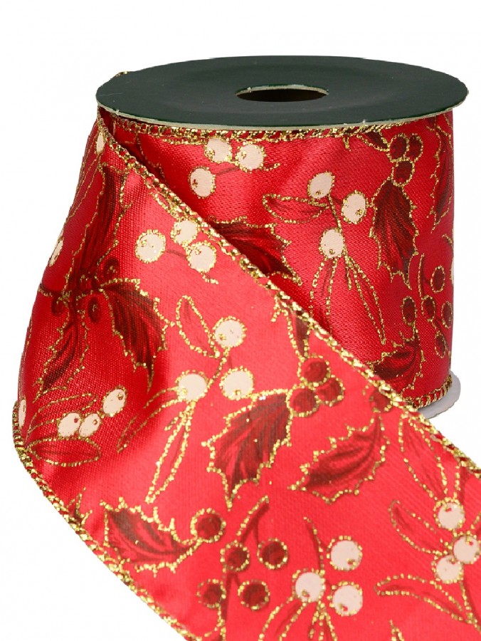 Solid Red Fabric With Gold Glitter Holly Print Christmas Ribbon & Gold Edge - 3m