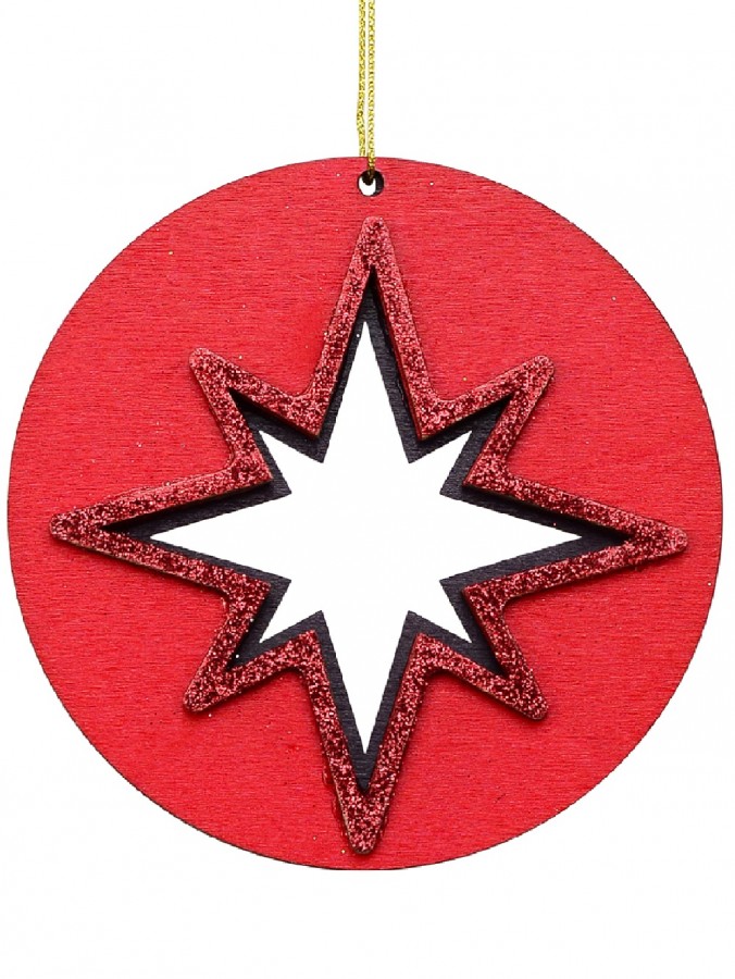 Red Wood Bethlehem Star Medallion Christmas Tree Hanging Decoration - 10cm