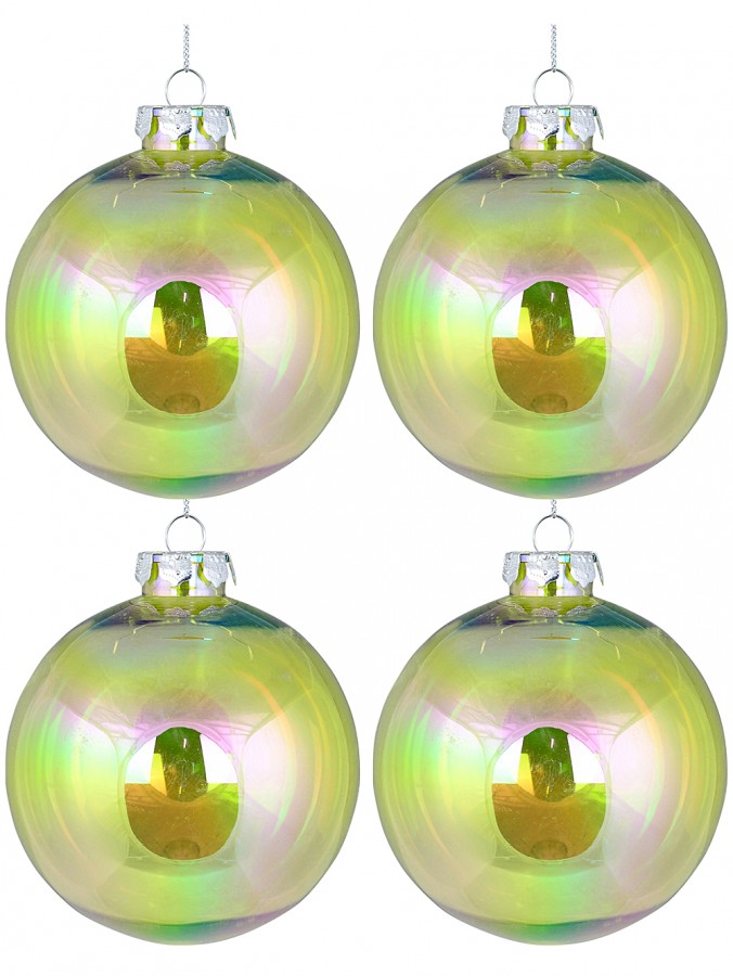 4x 10cm Clear Green Iridescent Soap Bubble Look Christmas Baubles