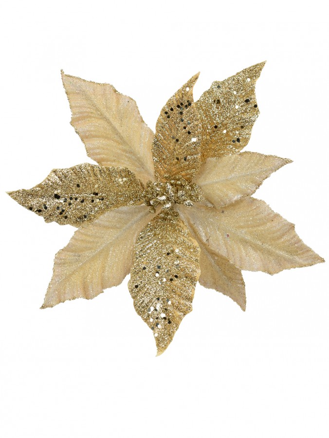 Champagne Glitter & Dew Like Leaves Decorative Christmas Floral Pick - 32cm