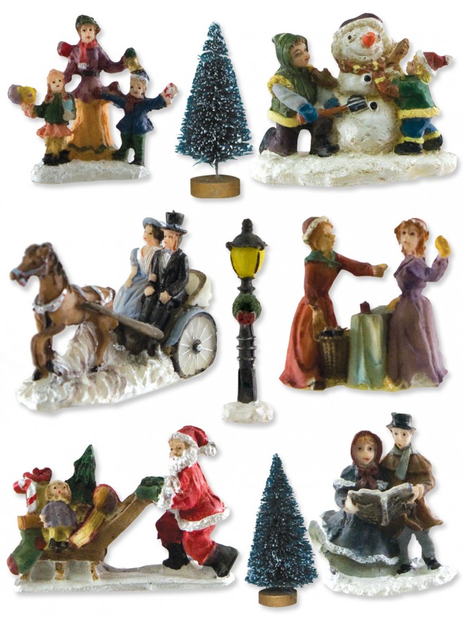 Traditional Polyresin Town Scene With 2 Styles & Figurines - 9 Piece