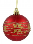 Red Shiny & Matte Baubles With Gold Stars & Glitter Stripes Design - 6 x 60mm