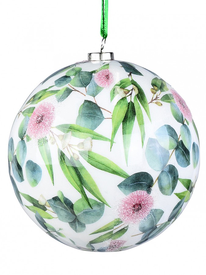 10cm Eucalyptus Leaves & Flowers Print With Silver Glitter Christmas Bauble