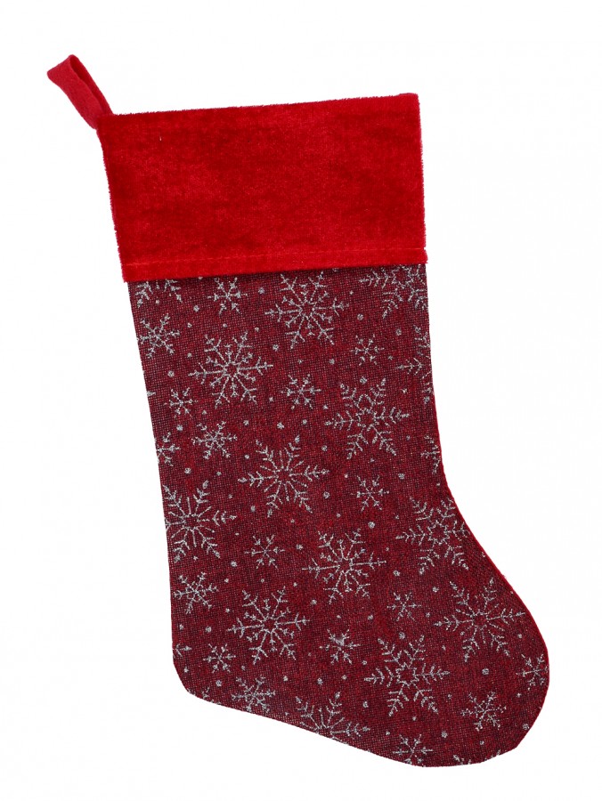 Red Soft Burlap With Silver Glitter Snowflakes Pattern Christmas Stocking - 42cm