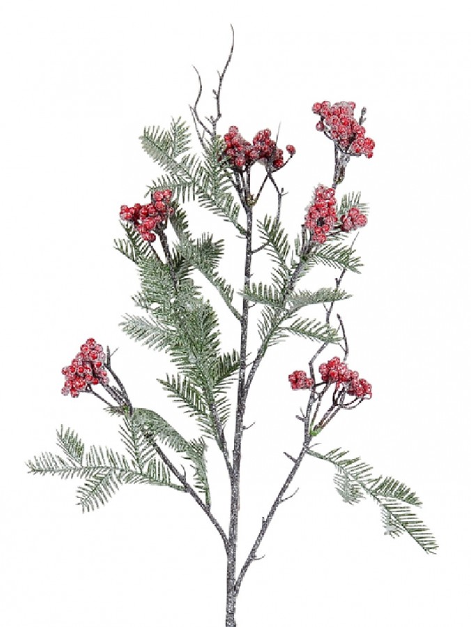 Yew Fir Look Pine With Red Berries Christmas Floral Decorative Stem - 80cm