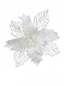 18cm White Iridescent Glitter Bract & Leaf Poinsettia Flower Christmas Clip Pick