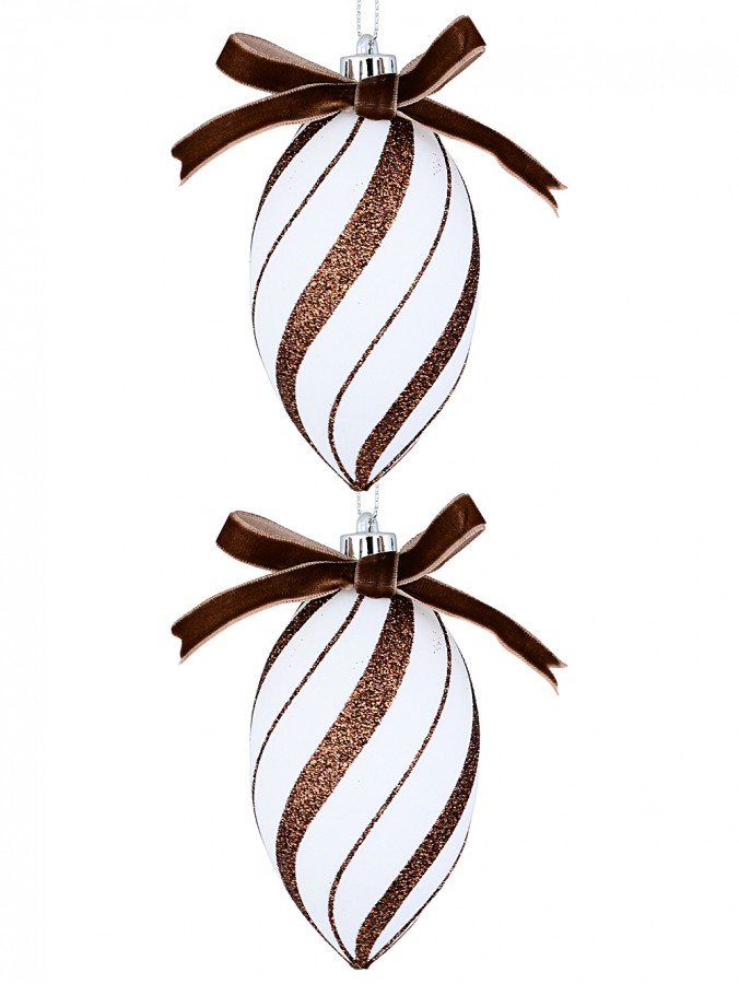 4x 12cm White Oval Finial Baubles With Brown Candy Swirl Glitter Lines & Bow