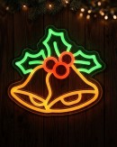24cm Christmas Bells Holly & Berries Neon LED Light Display On Acrylic Board