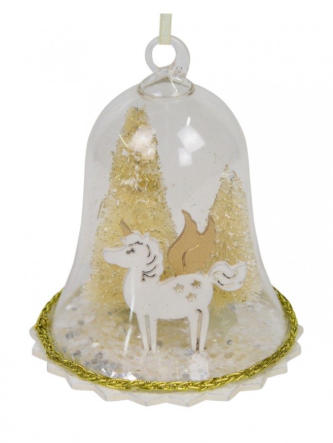 Clear Bell with Gold Trees & Unicorn Christmas Tree Hanging Decoration - 12cm