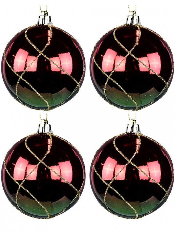 4x 80mm Shiny Red & Green Christmas Baubles With Gold Glitter Line Patterns