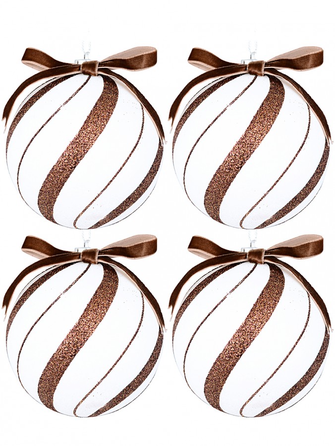 4x 10cm White Baubles With Brown Candy Swirl Glitter Lines & Bow