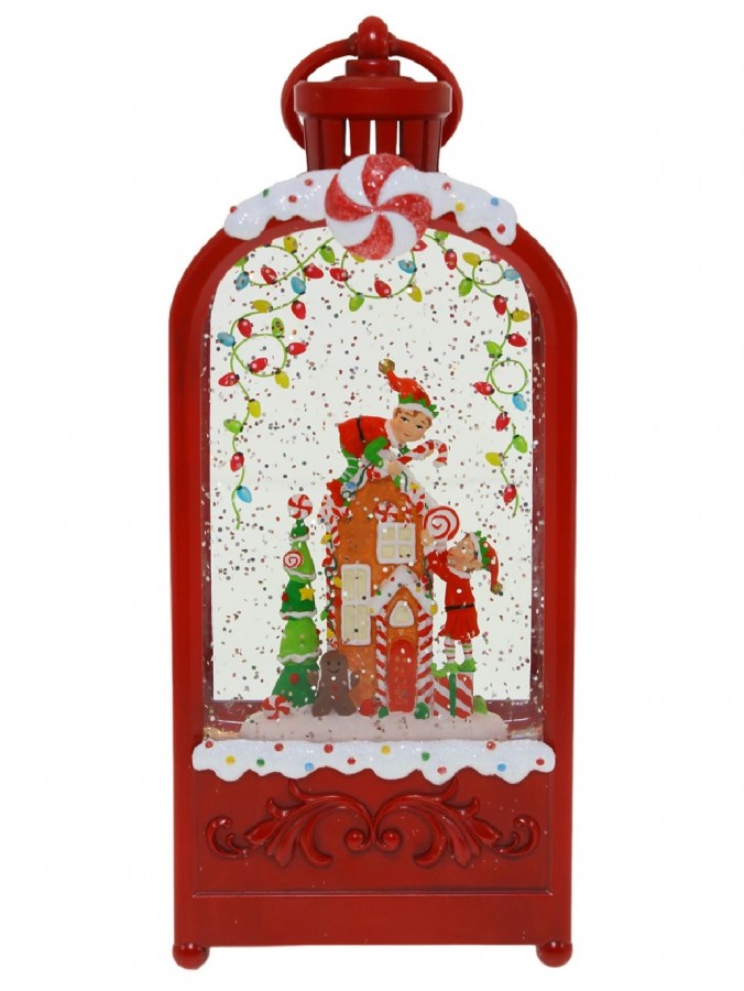 Elves, Candy & Gingerbread Christmas Lantern Snow Globe Ornament - 24cm 