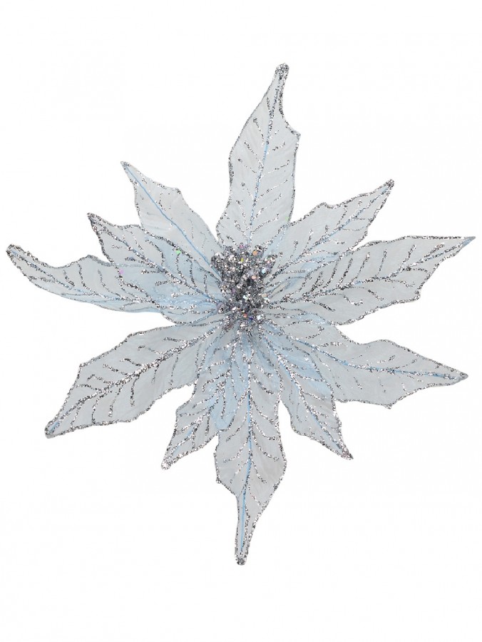 Light Baby Blue Glittered Mesh Leaf Poinsettia Christmas Floral Pick - 28cm
