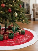 1m Red Fleece & White Faux Fur Embroidered Foliage Christmas Tree Skirt