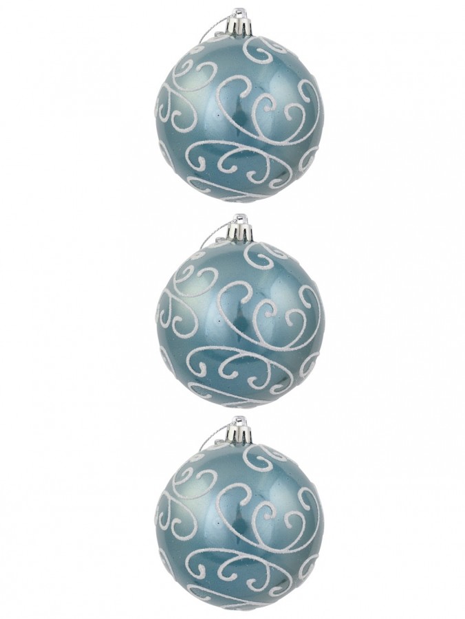 Ice Blue Metallic Baubles With Glitter, Painted Swirls & Sequins - 3 x 80mm