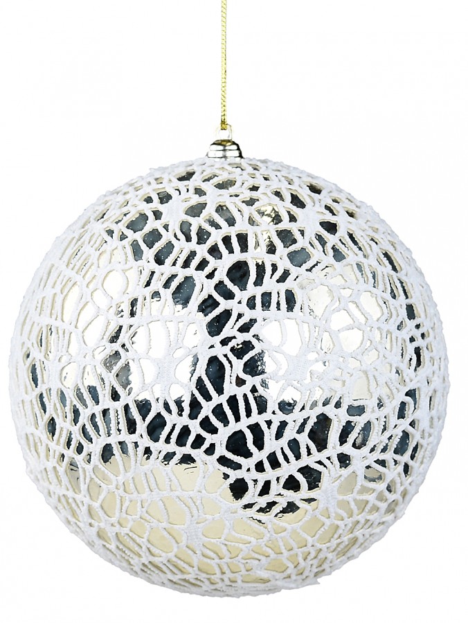 15cm Shiny Champagne Christmas Ball Bauble With Textured White Mesh