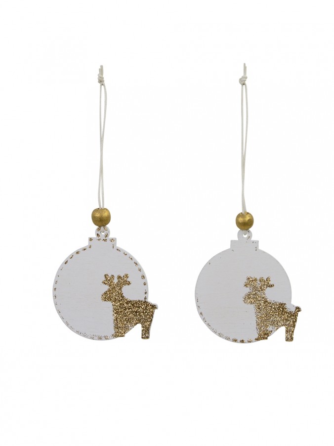 White Ceramic Hanging Ornament with Gold Glitter Deer Silhouette - 7cm