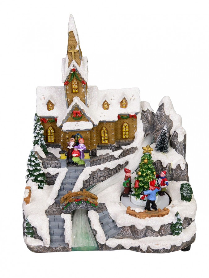 Snow Capped Church Village Scene With Moving Children & Led Lights - 25cm