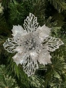 18cm Silver Bract & Leaf Poinsettia Flower Christmas Tree Clip Pick