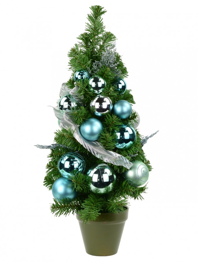Pre-Decorated 'Tiffany Inspired' Silver, Turquoise & Light Blue Bauble & Pine Table Top Tree - 64cm
