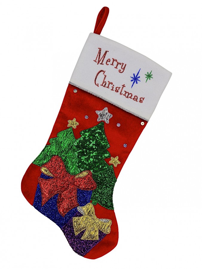 Red Velvet Stocking With White Cuff, Tree & Gift Embroidery & Applique - 48cm