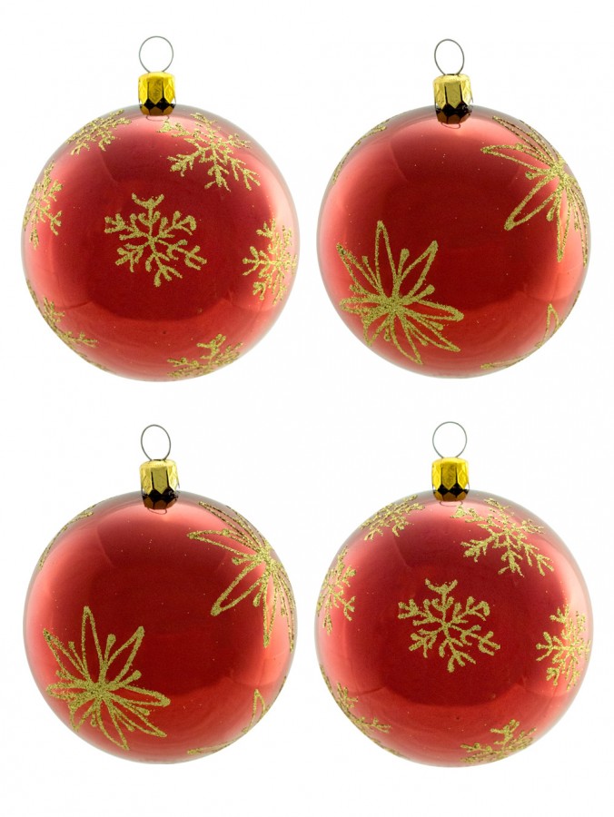 Metallic Red Baubles With Gold Glittered Patterns - 4 x 80mm