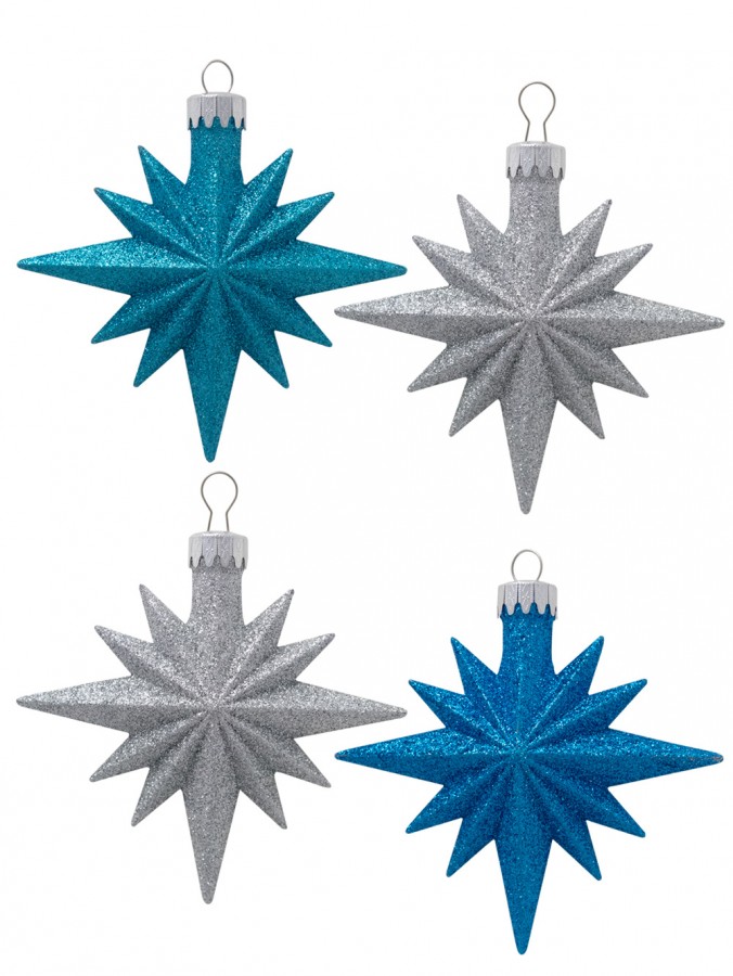 Turquoise, Blue & Silver 12 Point Star Decorations - 4 x 11cm