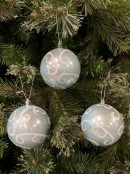 3x 80mm Ice Blue Metallic Christmas Baubles With White Glitter Swirl Patterns