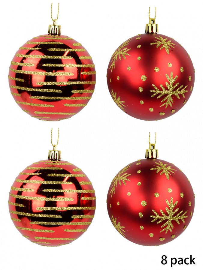 Red Baubles With Gold Glitter Stripes & Snowflake Print - 8 x 80mm