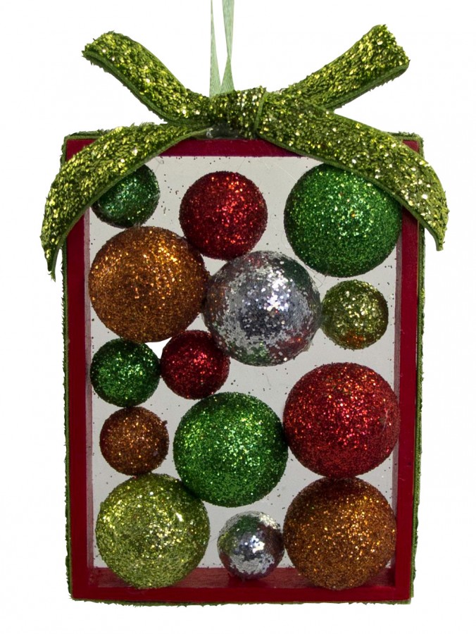 Baubles In Present Frame With Bow Hanging Ornament - 11cm