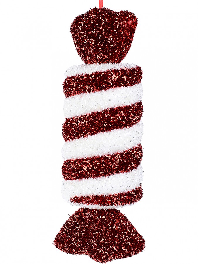 Red & White Metallic Tinsel Fleck Wrapped Candy Hanging Decoration - 34cm