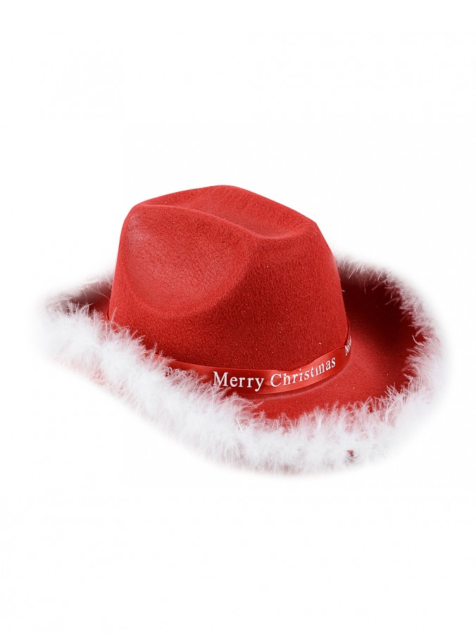 Red Cattleman Style Cowboy Santa Hat With White Fur Trim - One Size Fits Most