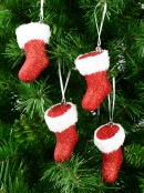 Red Glitter With White Cuff Christmas Stocking Hanging Decoration - 4 x 10cm