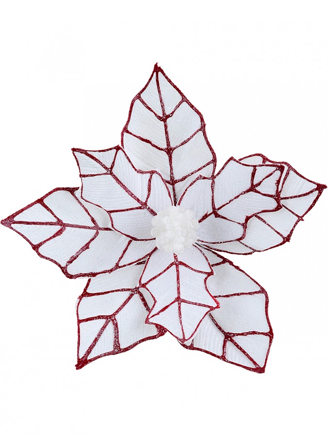 Crimson Glitter Geometric Veined White Poinsettia Christmas Clip Stem | 24cm