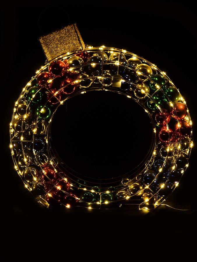 90cm Gold Wireframe Bauble With Baubles & Warm White LED Light Display