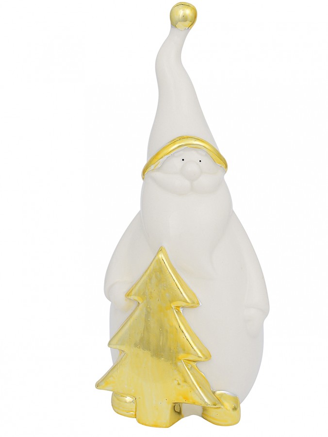 White Winter Large Santa With Gold Tree Ceramic Christmas Ornament - 19cm