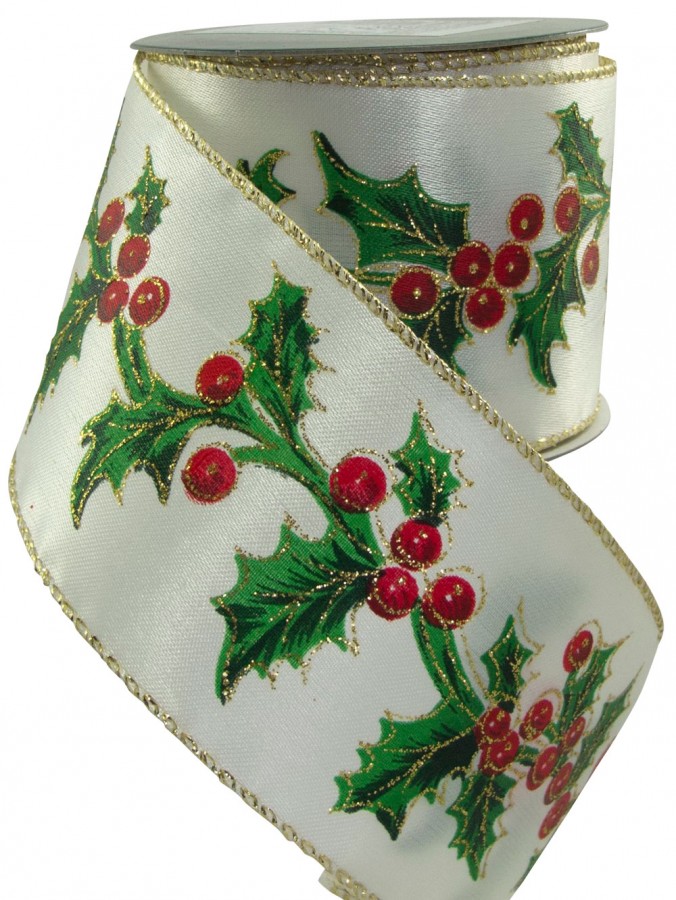 Ivory With Holly Pattern Ribbon - 3m