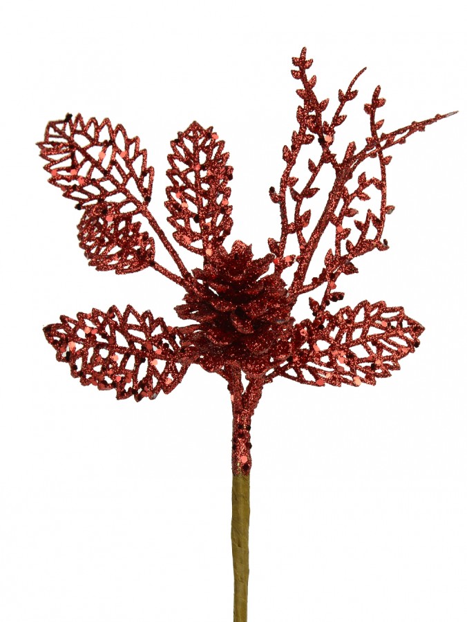 Red Pine Cone & Holly Leaf Pick - 10cm