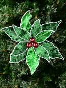 Green Poinsettia Christmas Pick With White Petal Edges & Red Baubles - 30cm