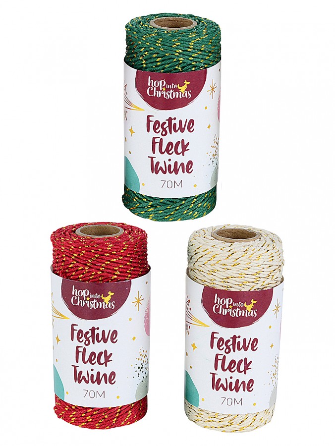Assorted 70m Red, Green Or White Twine Rope With Gold Tinsel Flecks 