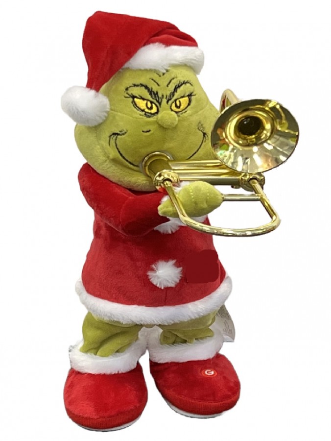 Mr Grinch Playing The Trombone In A Santa Suit Christmas Animation - 32cm