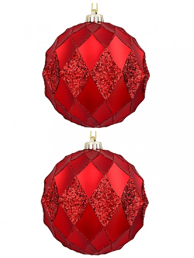 Red Diamond Pattern Textured Large Christmas Baubles With Glitter - 2 x 15cm