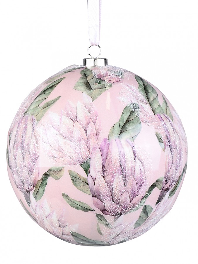 10cm Waratah-Like Pink Ice Protea Flower With Silver Glitter Christmas Bauble