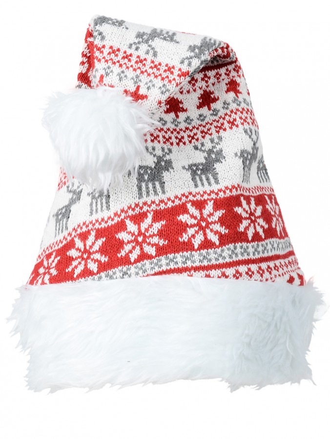 White, Red & Grey Ugly Knitted Sweater Look Santa Hat - One Size Fits Most