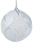 White Geometric Corded Baubles With Pearl Beads & Silver Glitter - 4 x 80mm