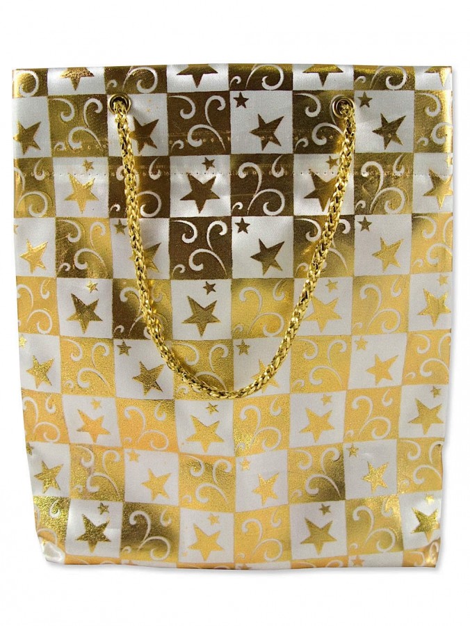 Ivory & Gold Chequered With Ivory & Gold Star Print Gift Bag - 32cm