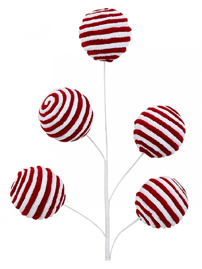 Red & White Peppermint Candy Striped Flocked Bauble Spray Stem | 55cm